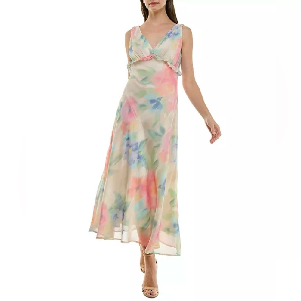 TAYLOR Women's Watercolor-Print Chiffon Ruffled Dress SIZE MEDIUM 8